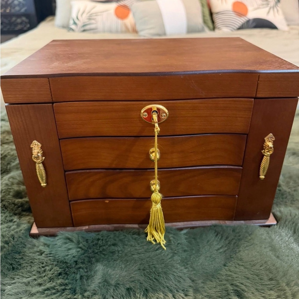 Wood Jewelry Chest Box with Gold Accents - Brown